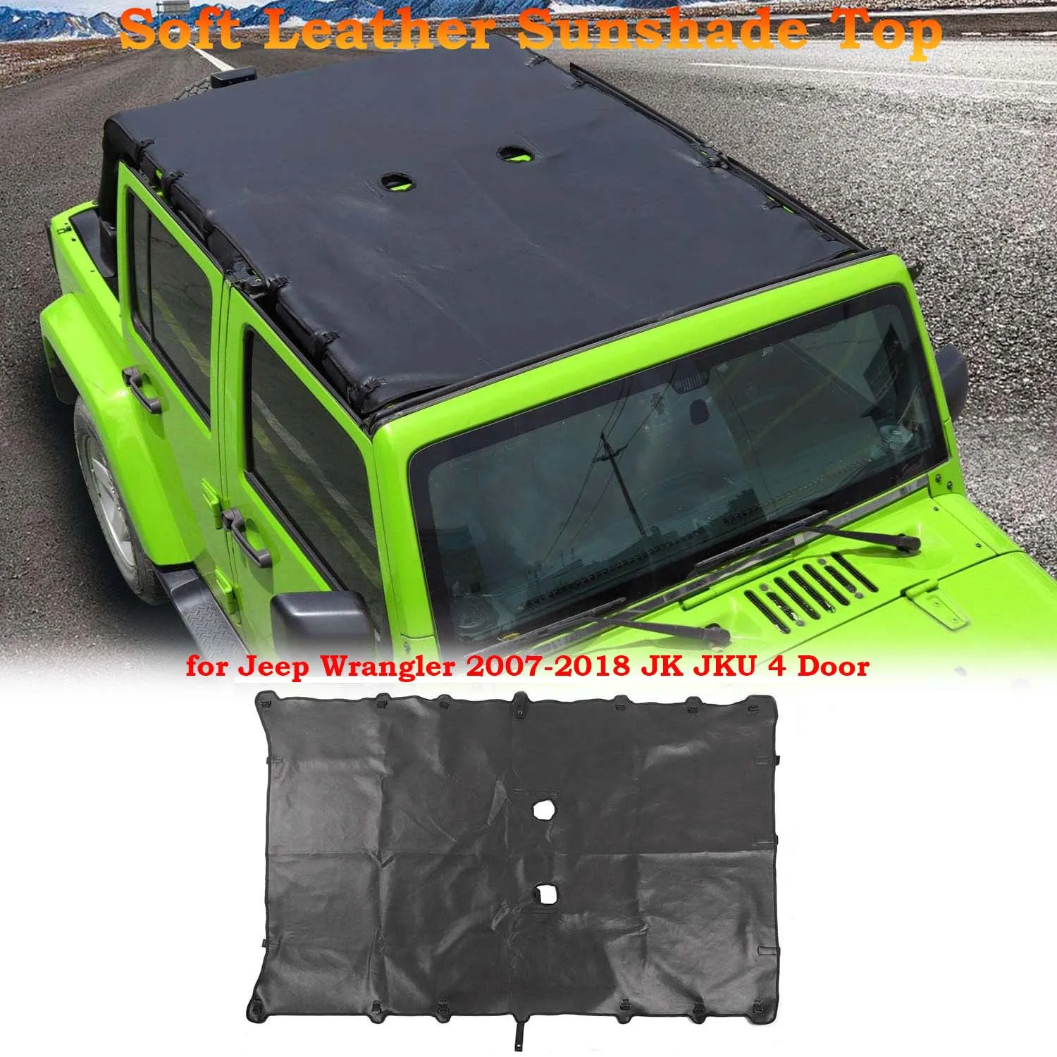 

RT-TCZ Soft Leather Sunshade Top Full Length Cover for Jeep Wrangler 2007-2018 JK JKU 4 Door Black