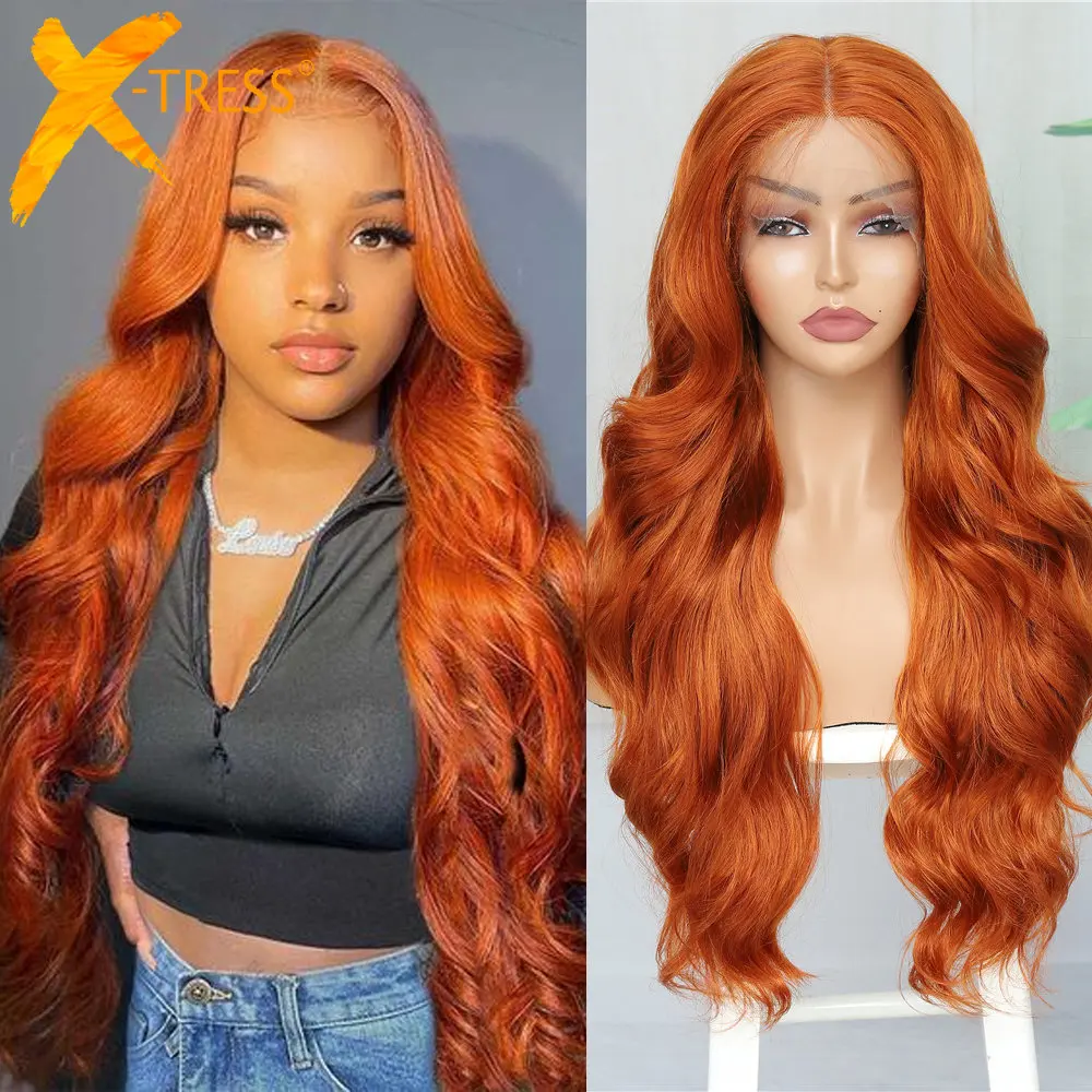 

X-TRESS Ginger Orange 26" Long Body Wave Lace Front Wig with Curtain Bangs Synthetic Hair Wigs with Baby Hair for Black Women