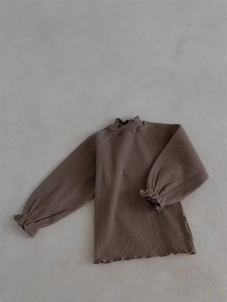 Spring Toddler Ruffle Turtleneck Long Sleeve Bottoming Shirt Boy Girl Baby Solid Ribbed T-shirt Infant Cotton Casual Tops