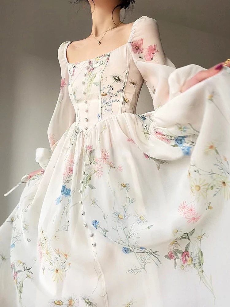

French Elegant Floral Midi Dress Chiffon Long Sleeve Evening Party Dress Woman Beach Fairy One Piece Dress Korean 2023 Summer