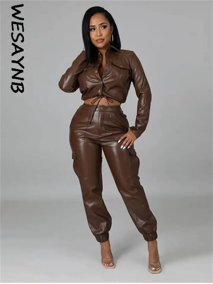 BROWN Faux leather cuffed trousers | Womens Trousers | Select Fashion