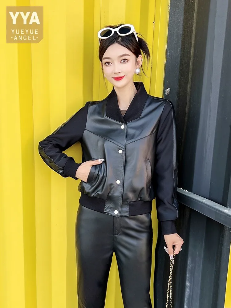 

Women Casual Patchwork Genuine Leather Bomber Jacket Stand Collar Single Breasted Spliced Coat Autumn Streetwear Biker Jackets