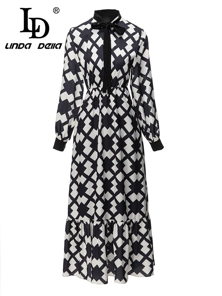 

LD LINDA DELLA 2023 New Style Fashion Designer Dress Women's Bow Black and white Plaid Splice High Waist Draped Slim Fit Dress