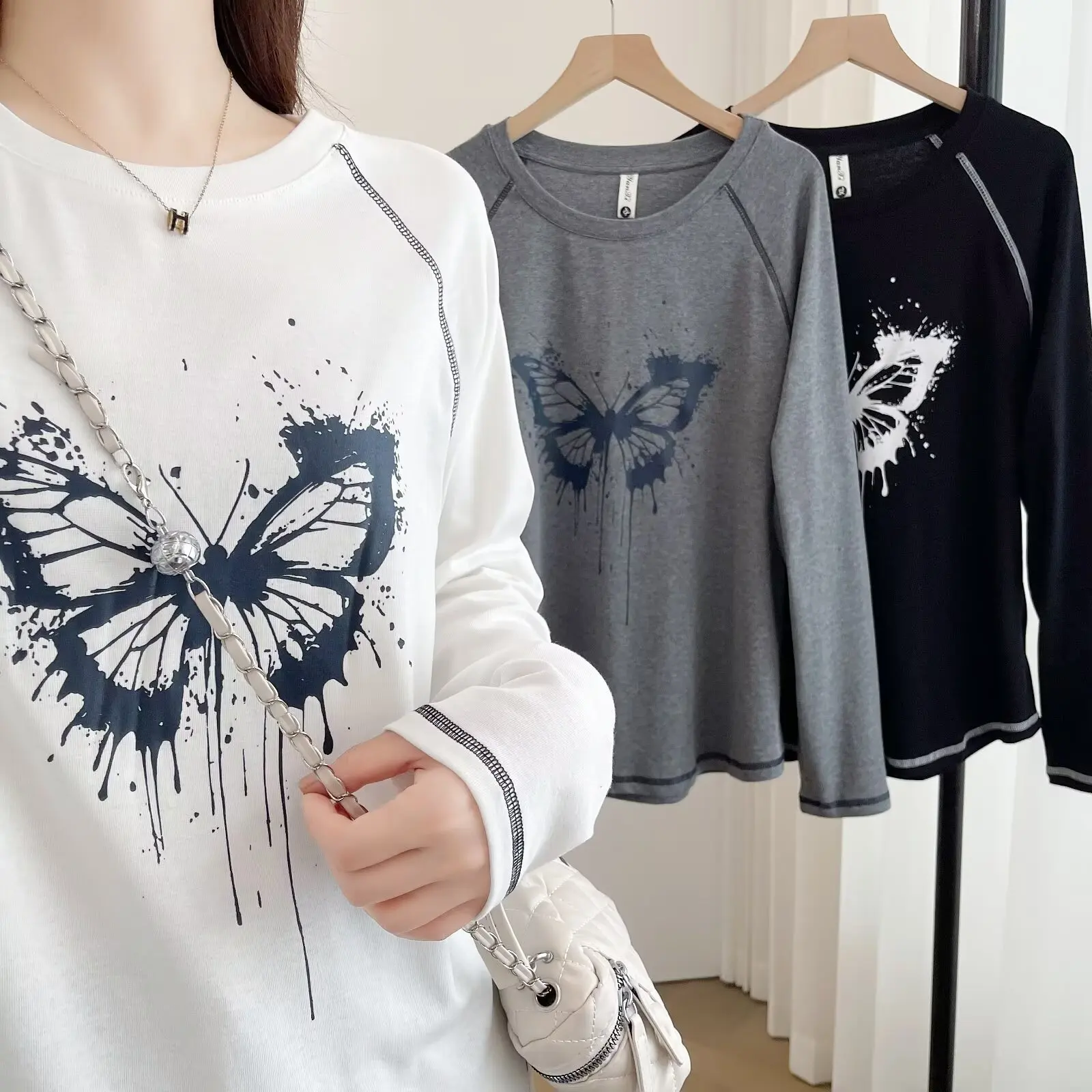 XXXXL Fashion Plus Size Women's T-Shirt Autumn New Style Stylish Bright Line Printed Butterfly Long Sleeved Top 2510