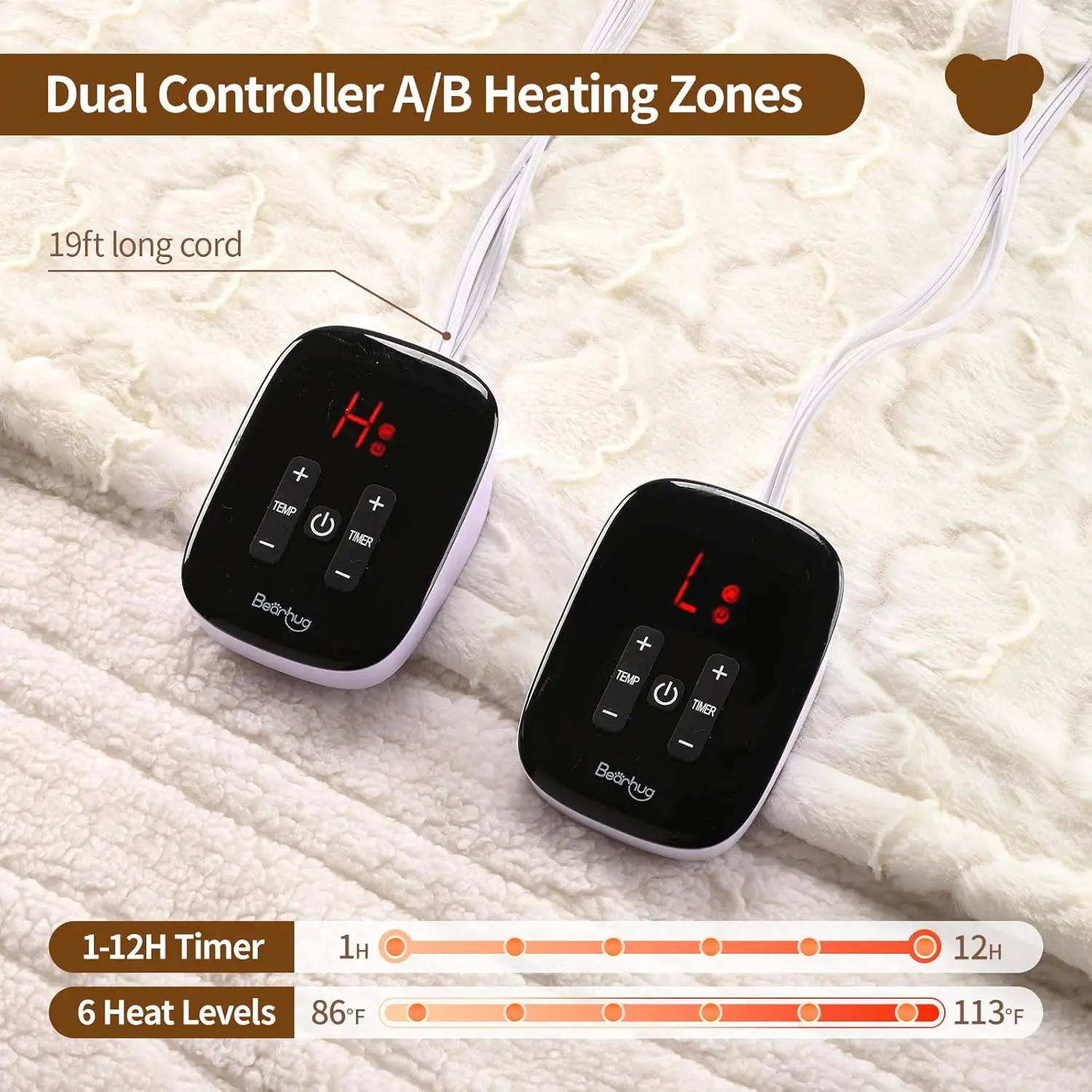 Electric Blanket King Size 100" x 90", Dual Controller Heated Blanket, White Flower Patterns Faux Fur & Warm Sherpa, 10-Heat