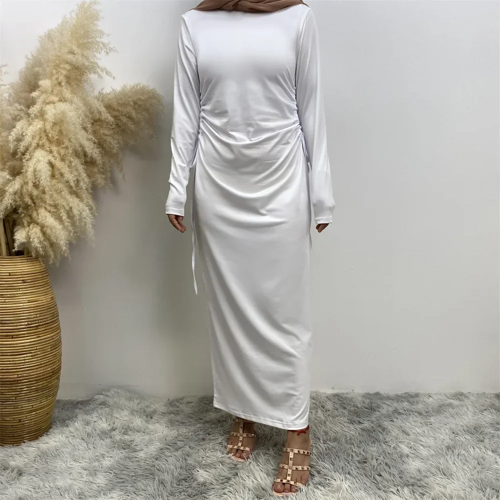 Inner Dress for Abaya Women Plain Drawstring Muslim Long Sleeve Slip Dresses Under Abayas Kimono Dubai Turkey Islamic Clothes
