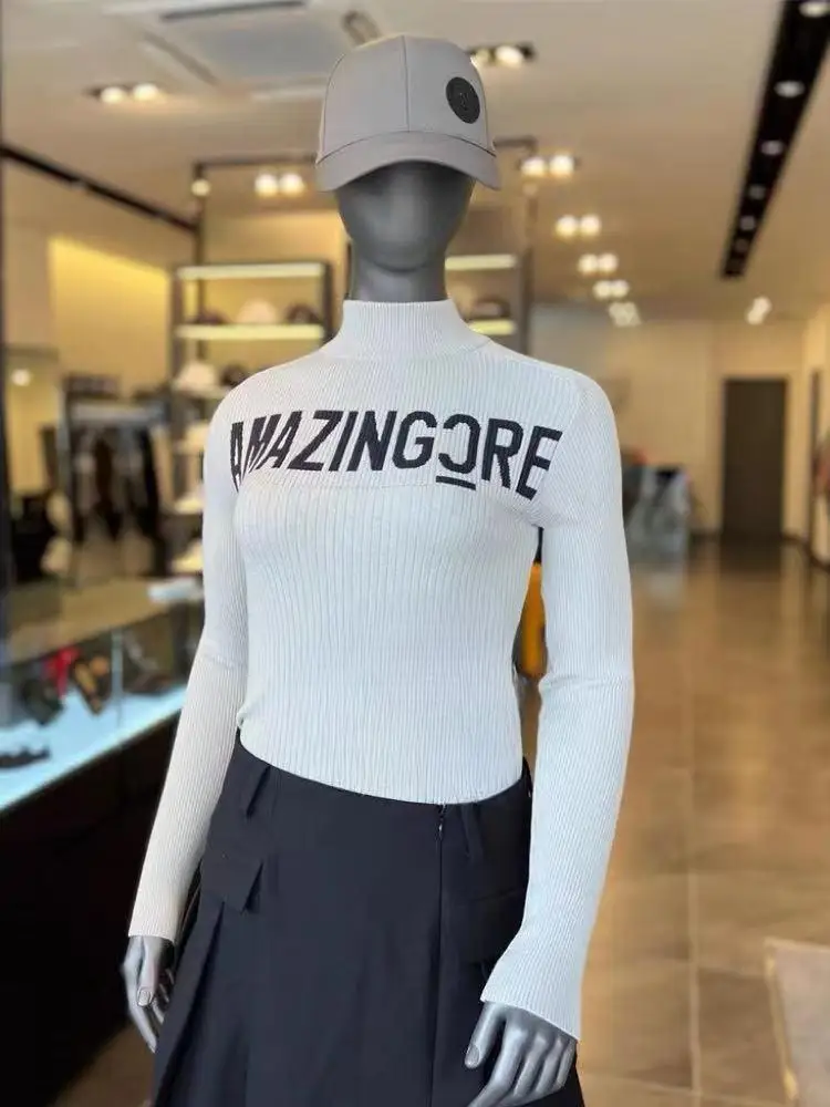 AMAZINGCRE Women's Golf Clothing Fashion Sports Temperament Versatile Semi-turtleneck Long Sleeve Knitted Sweater
