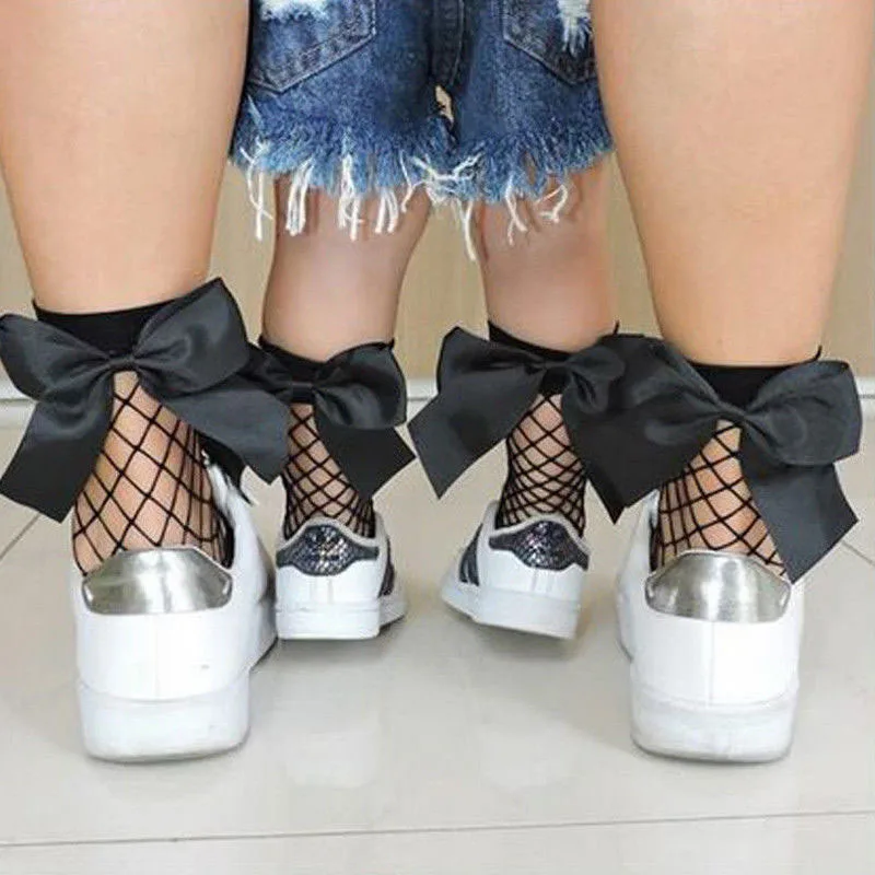 Summer Thin Baby Girls Kids Mesh Socks New Bow Fishnet Knee High Long Socks Net Vintage Black White Short Ankle Stockings