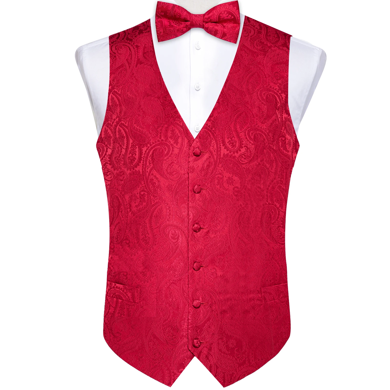 Wedding Red Paisley Vest for Man Groom Luxury Business Tie Bowtie Pocket Square Cufflinks Set Party Sleeveless Dress Waistcoat 4