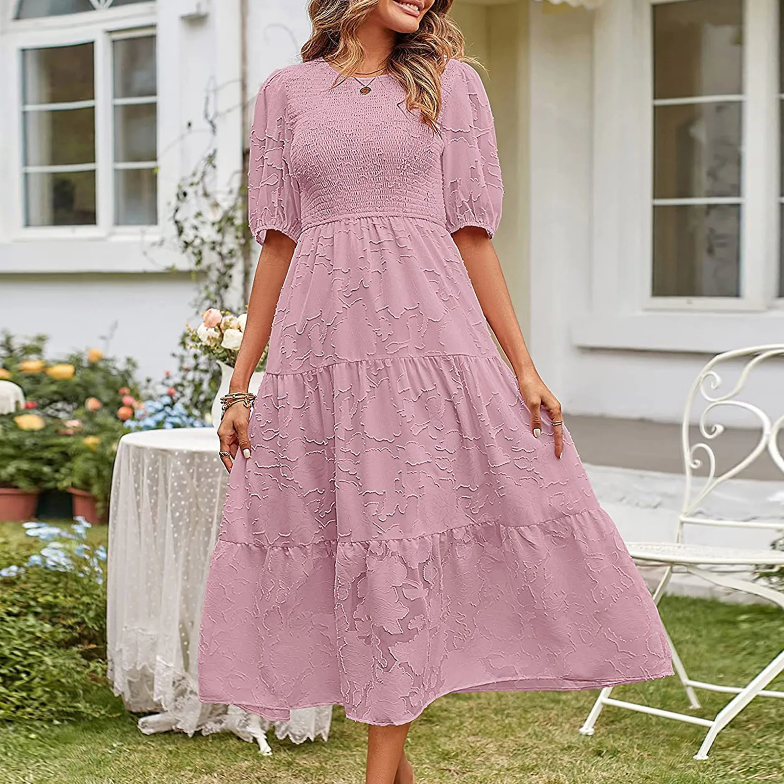 

2023 Women's Dresses New Chic Autumn Solid Color Crew Neck Large Hem Pleated Long Sundress Fashion Party Dress платье вечернее