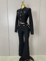 2025 New High Quality Golden Buttons Short Coat Top And Flare Pants  Bandage 2 Pieces Set Woman Celebrity Evening Party Vestidos - Image 2