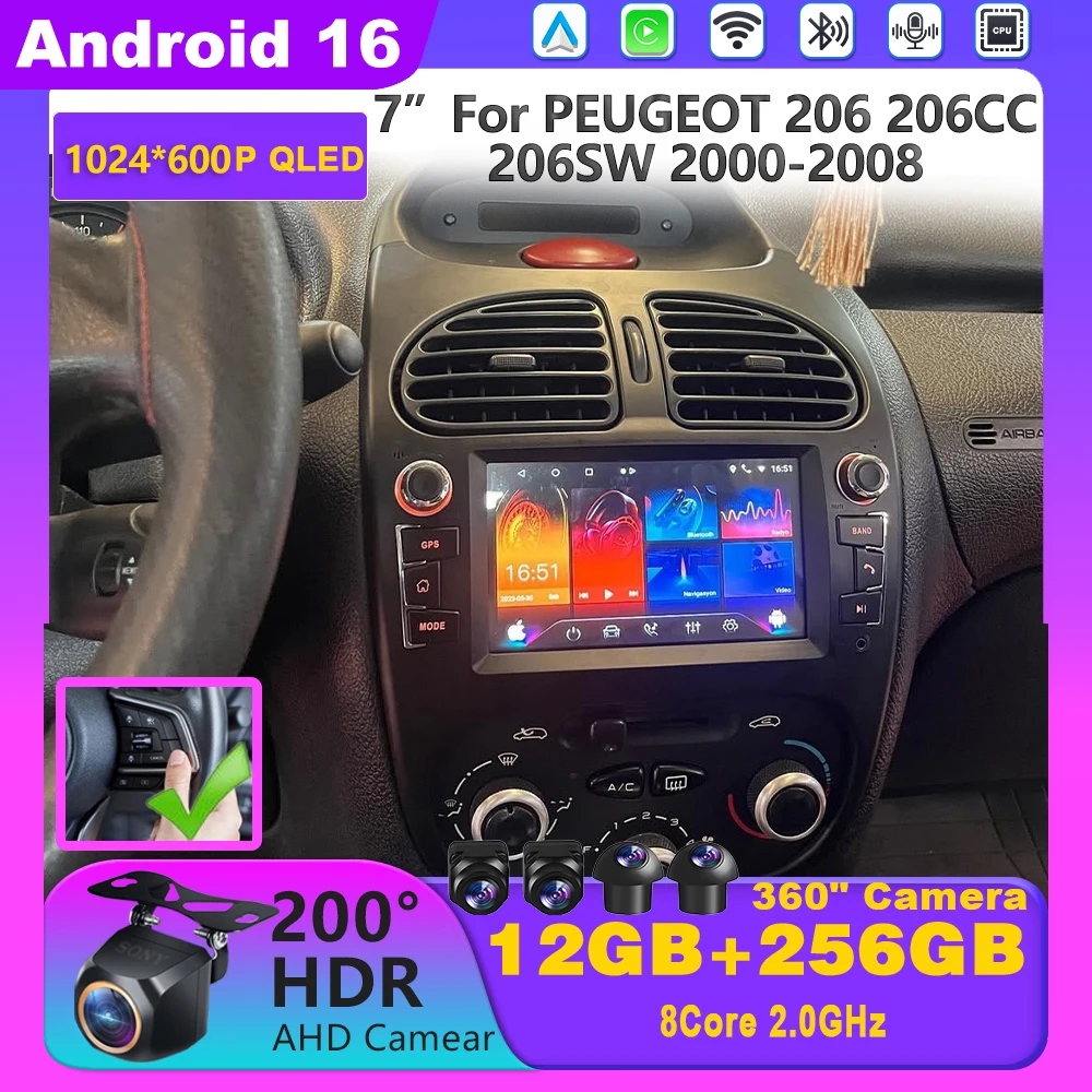 Radio Estéreo para Auto con Android 16 para PEUGEOT 206 206CC 206SW 2000-2008, Reproductor Multimedia, Carplay, 4G, WIFI, GPS, BT, Navegación, Unidad Principal 1