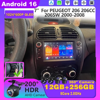 Radio Estéreo para Auto con Android 16 para PEUGEOT 206 206CC 206SW 2000-2008, Reproductor Multimedia, Carplay, 4G, WIFI, GPS, BT, Navegación, Unidad Principal 1
