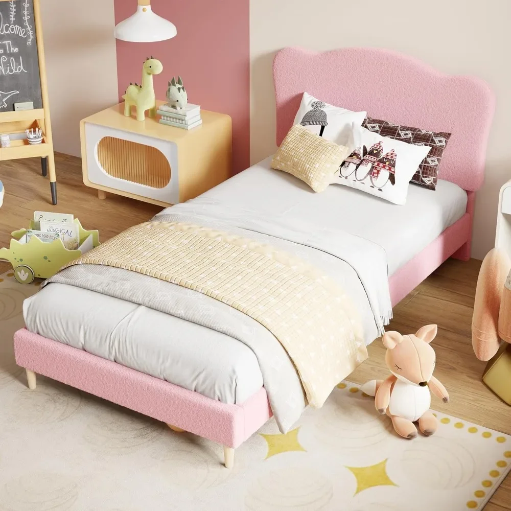 Upholstered Twin Size Bed Frame for Kids with Scallop Headboard, Cute Velvet Twin Bed for Girls, Boys, Sturdy Platform Bed 4