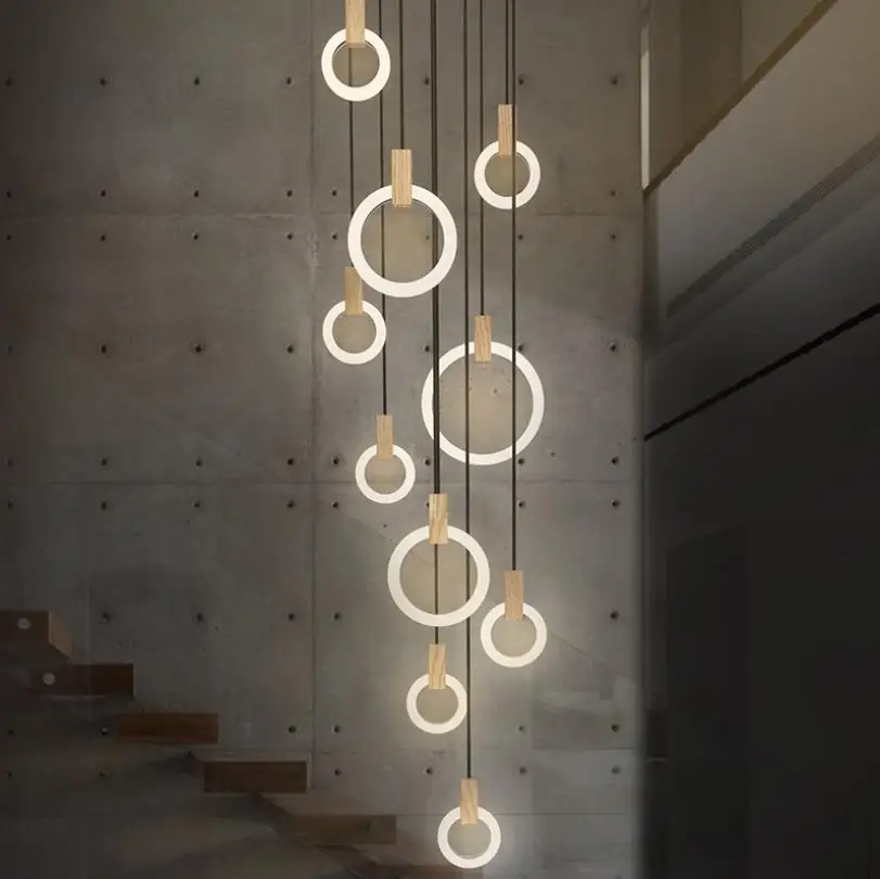 Duplex  Stair Pendant Chandelier Long Chandelier Nordic Villa Hotel Headlamp Creative Personality Stair Wooden Chandeliers