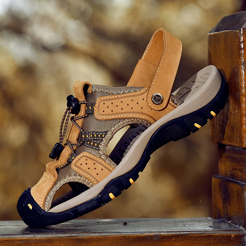 

Summer Mens Sandals Genuine Leather Casual Beach Outdoor Water Shoes Men Breathable Trekking Hiking Fishing Sandals Size 38-47