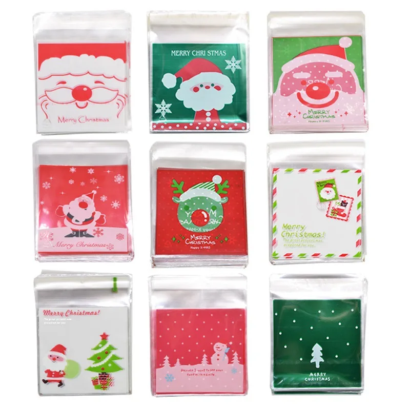 

100Pcs 10x10cm Christmas Candy Cookie Gift Bags Plastic Self-adhesive Biscuits Snack Packaging Bags Xmas Party Decoration Favors