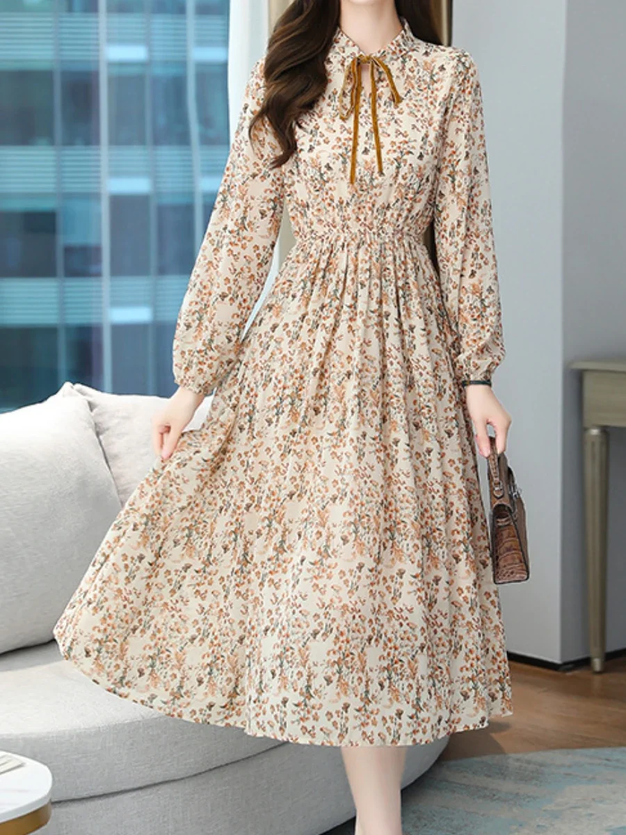 Vestido 여성 의류 꽃 프린트 긴 프록 시크 활 넥 긴 소매 스커트, 얇은 여성 의류, 용수철 여름 2024