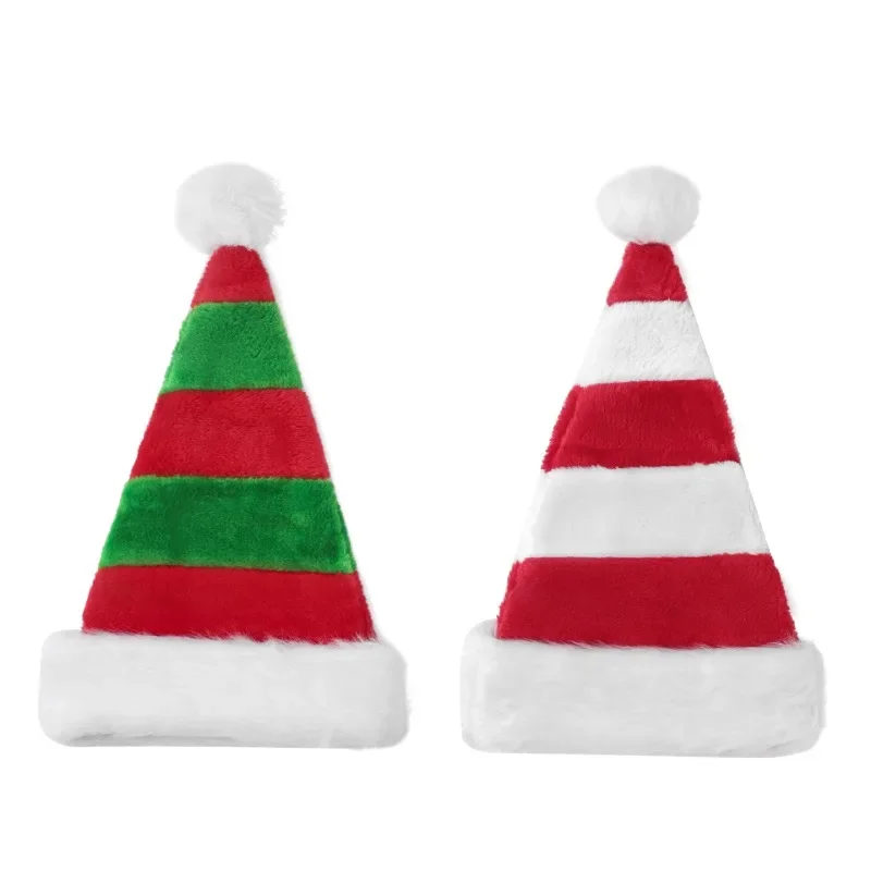 Christmas Hat For Adult Kids Thicken Soft Plush Hat Santa Claus Red Green Stripe Cap Merry Christmas New Year Party Decoration