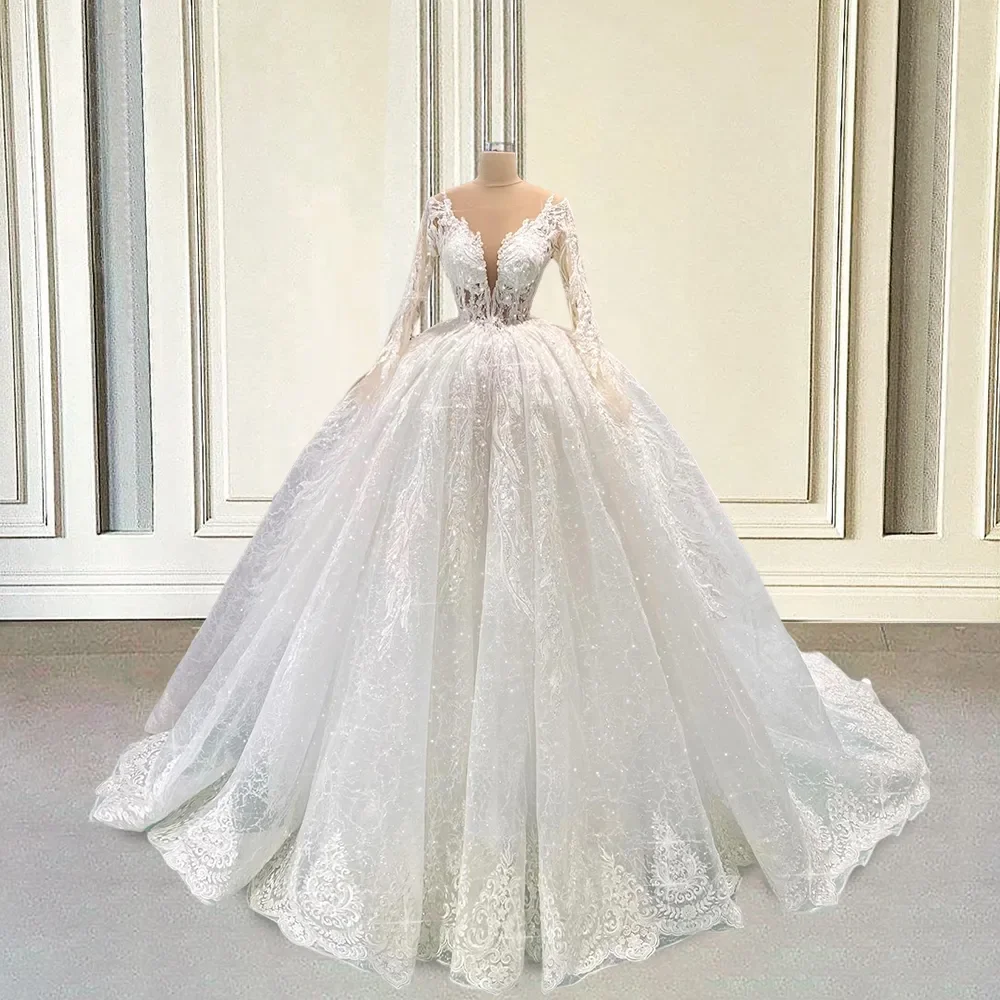 

Luxury long sleeve wedding dress New pompadour dress V-neck long sleeve decal bridal Church romantic wedding elegant dress