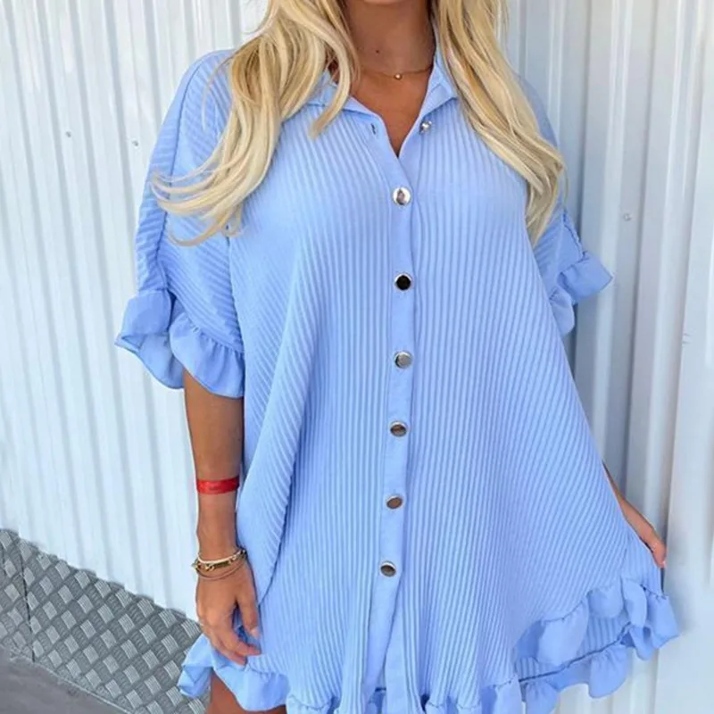 

Women's Solid Color Short-sleeved Dress Fashion Lotus Leaf Sleeve Irregular Button Shirt Dress Seaside Holiday Beach Skirt