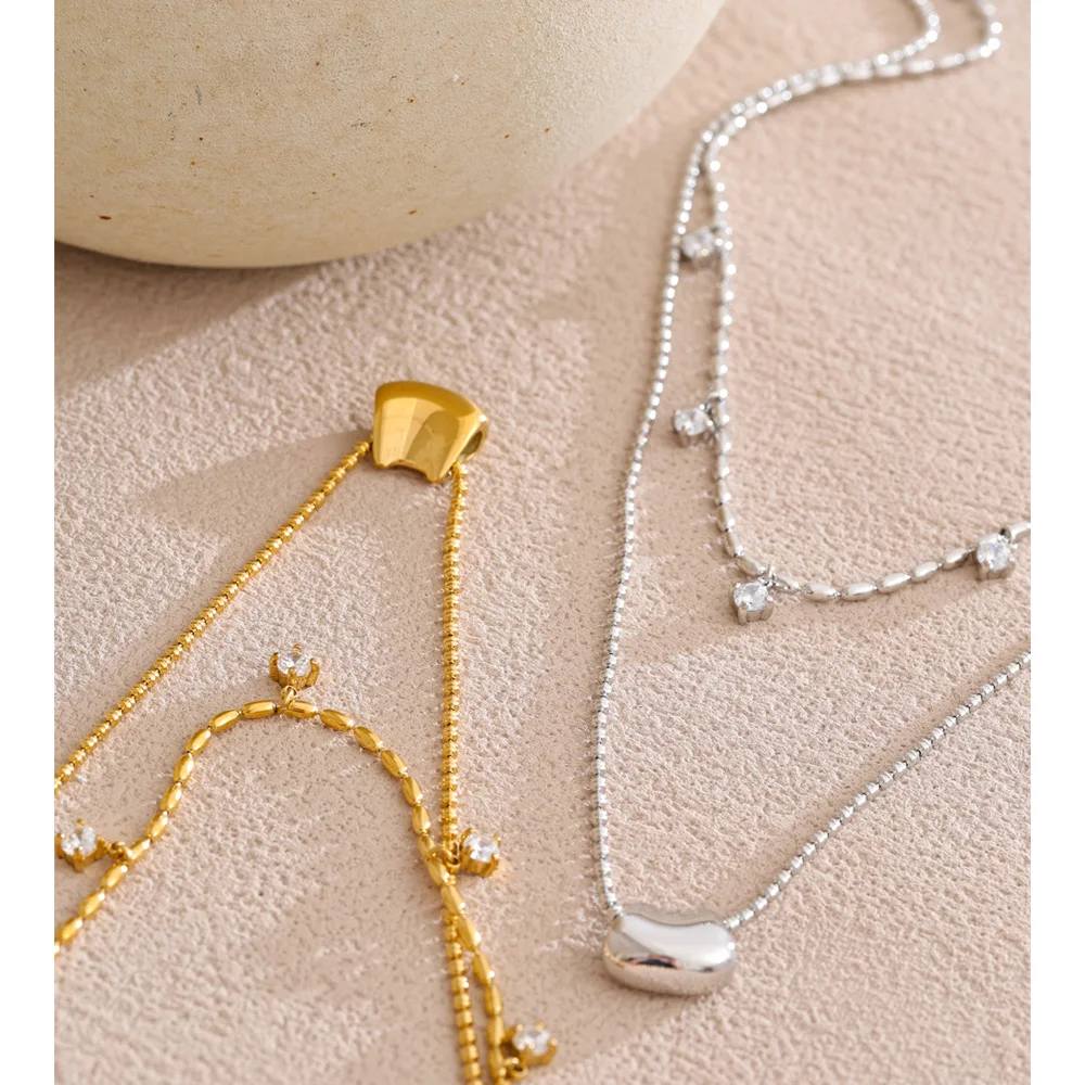 Yhpup Double-Layer Zirconia Drop Necklace Stainless Steel