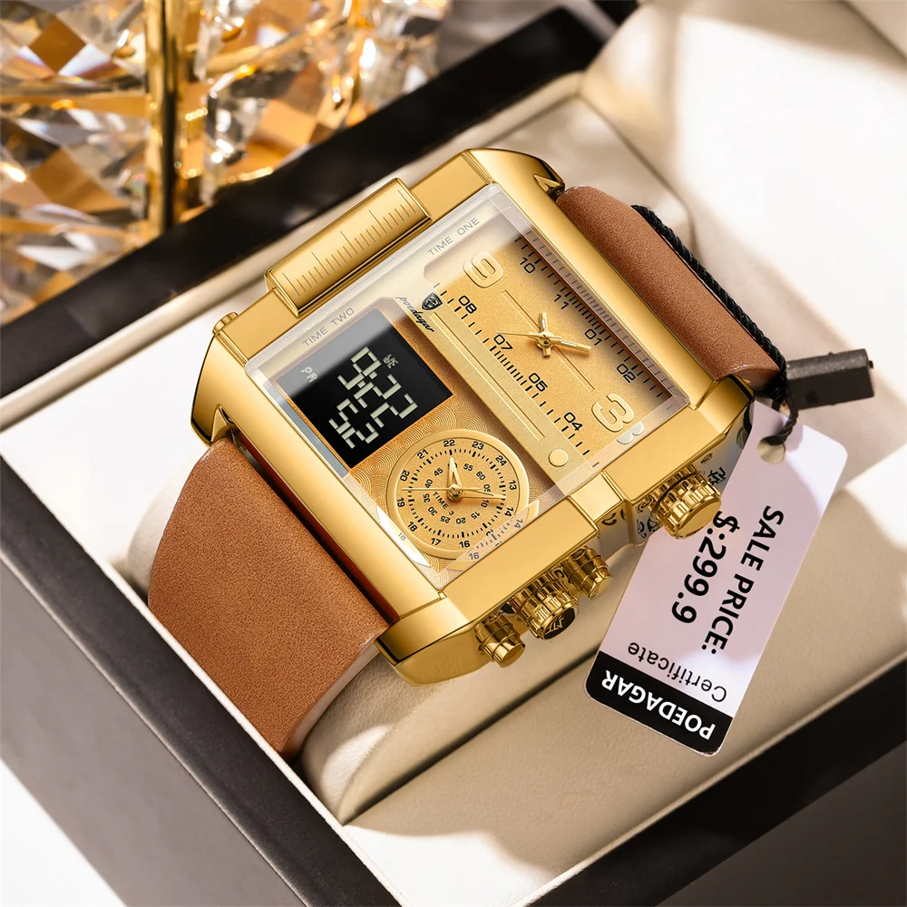 

POEDAGAR Luxury Rectangle Quartz Watch for Men Sports Leather Waterproof Luminous Multifunction Dual Display Digital Men Watches