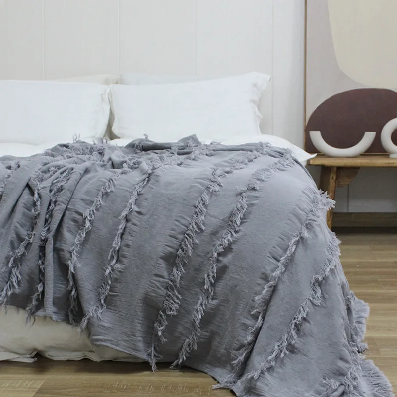 

Solid Color Striped Cut Flower Cover Blanket Sofa Cover Thin Cotton Air Conditioning Blanket Ins Noon Casual Blanket Shawl