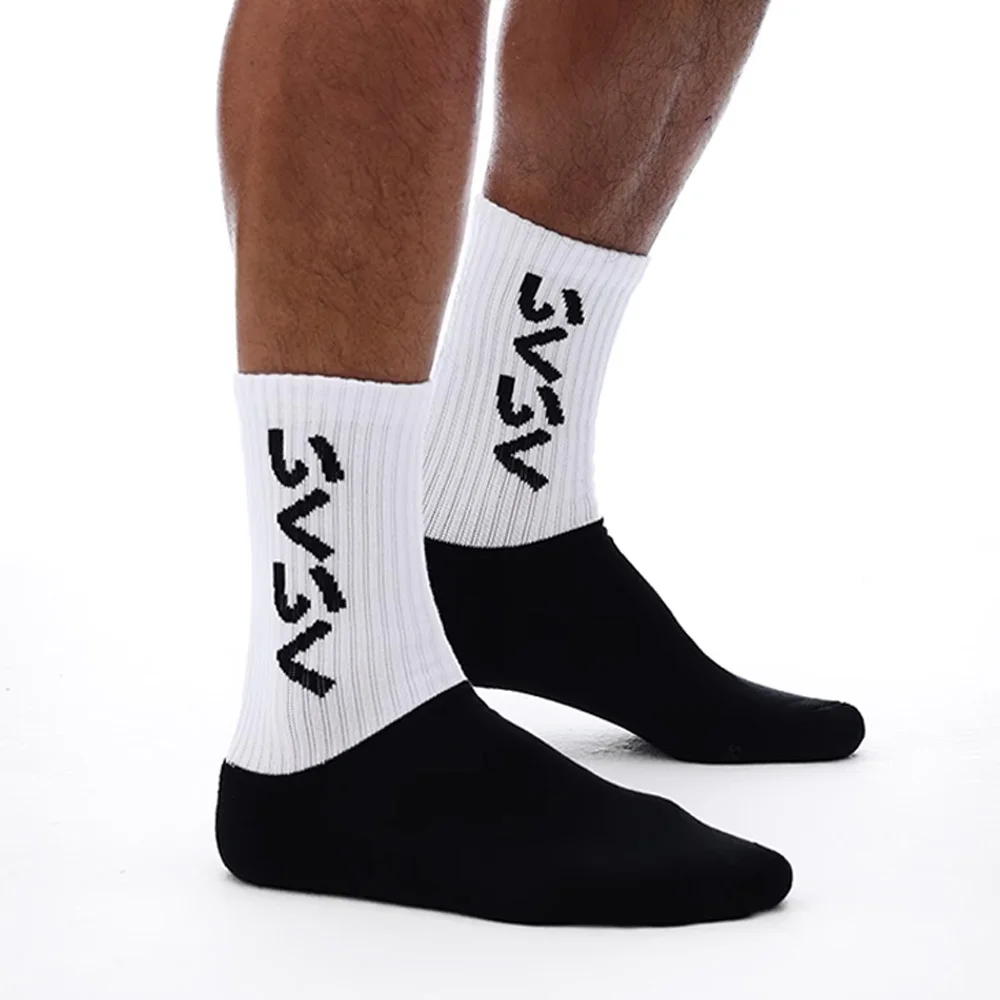 Men's Tall White Sports Combed Cotton Socks いくいく Japanese Text Black and White Fitness Cotton Socks