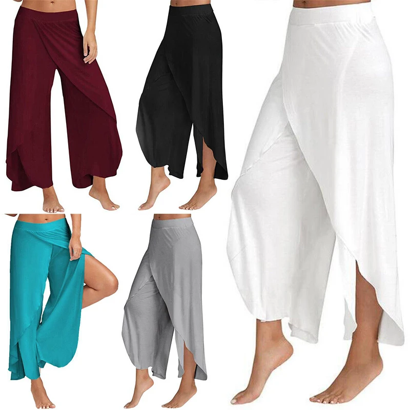 

Summer Women Slit Flared Causal Women Yoga Pants Wide Leg Pants Loose Straight Sexy Long Female Plus Size Sports Trousers