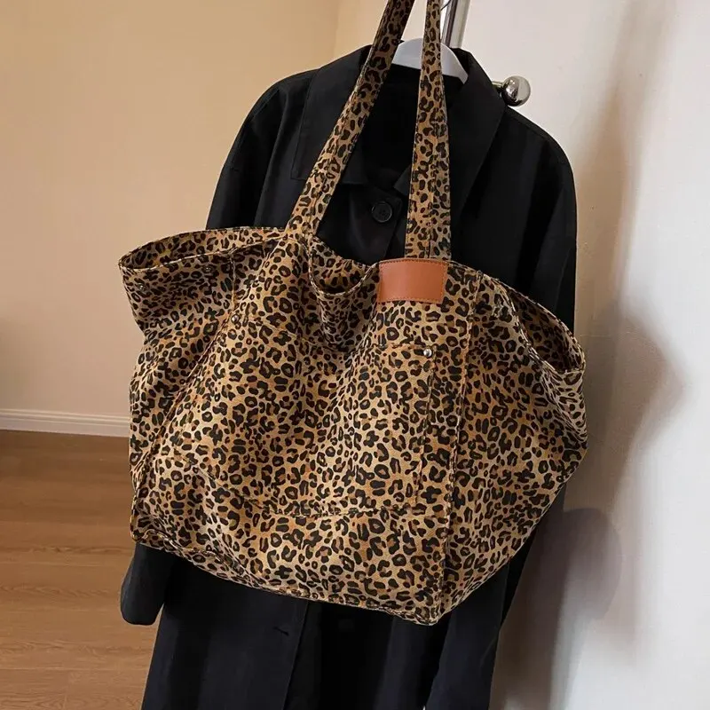 Borsa a tracolla in tela vintage con motivo leopardato, borsa a mano alla moda, grande capacità, per scuola, lavoro, shopper_voghion.com