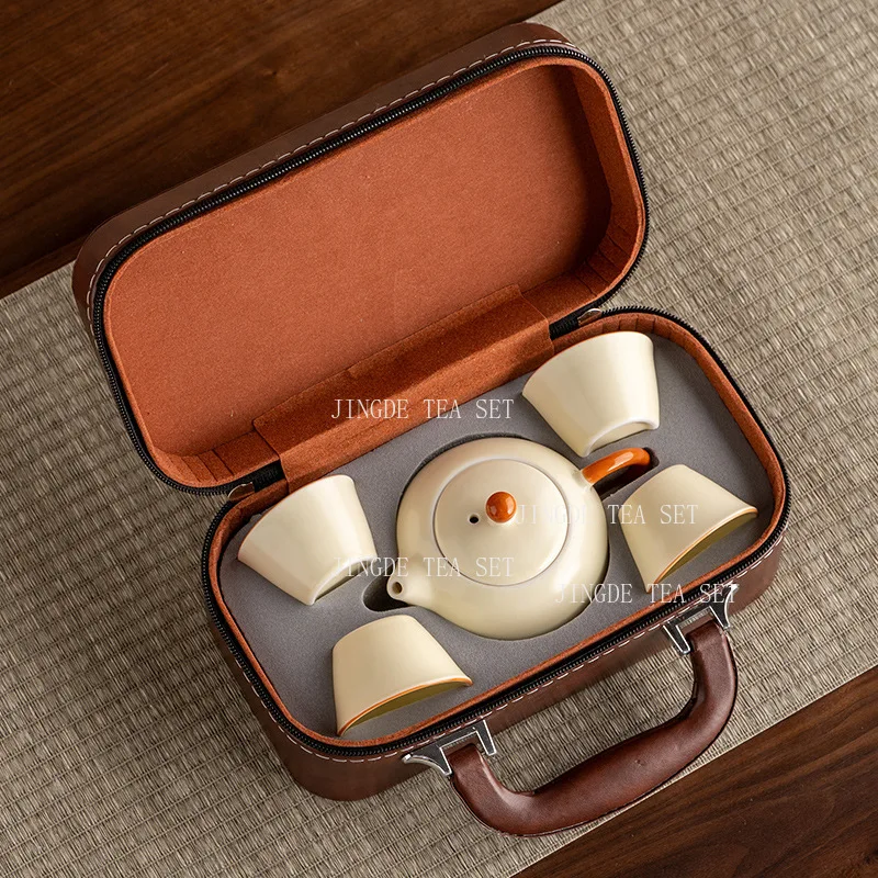 Panda Chinese Tea Set Ru Kiln Household Kung Fu Tea Set Travel Portable Large Capacity Teapot 1 Pot, 4 Cups Set Underglaze Color