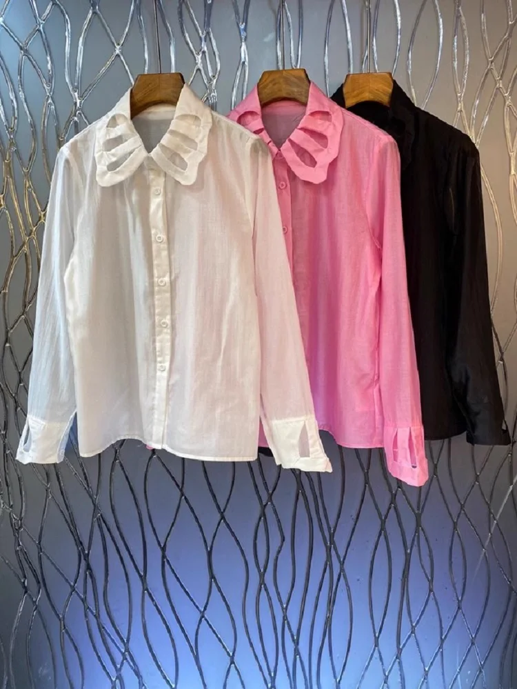 

New 2023 Autumn Fashion White Pink Black Shirts High Quality Ladies Turn-down Collar Hollow Out Sexy Long Sleeve Button Shirt OL