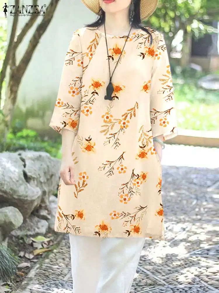 

ZANZEA Kaftan 3/4 Sleeve Tops Vintage Holiday Blusas Floral Print O-neck Shirts Women Side Slit Casual 2023 Summer Long Blouses
