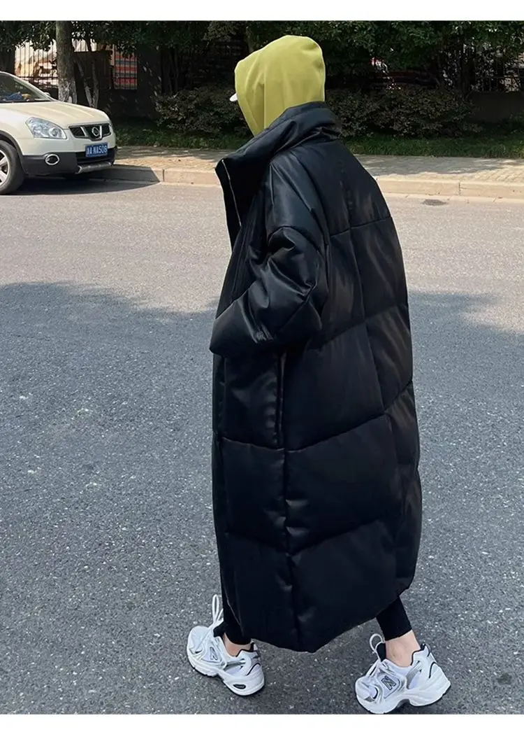 Winter Long Pu Leather Down Jacket Female Black Thick Warm Cotton Parka Outwears Women White Duck Down Knee Length Down Jackets