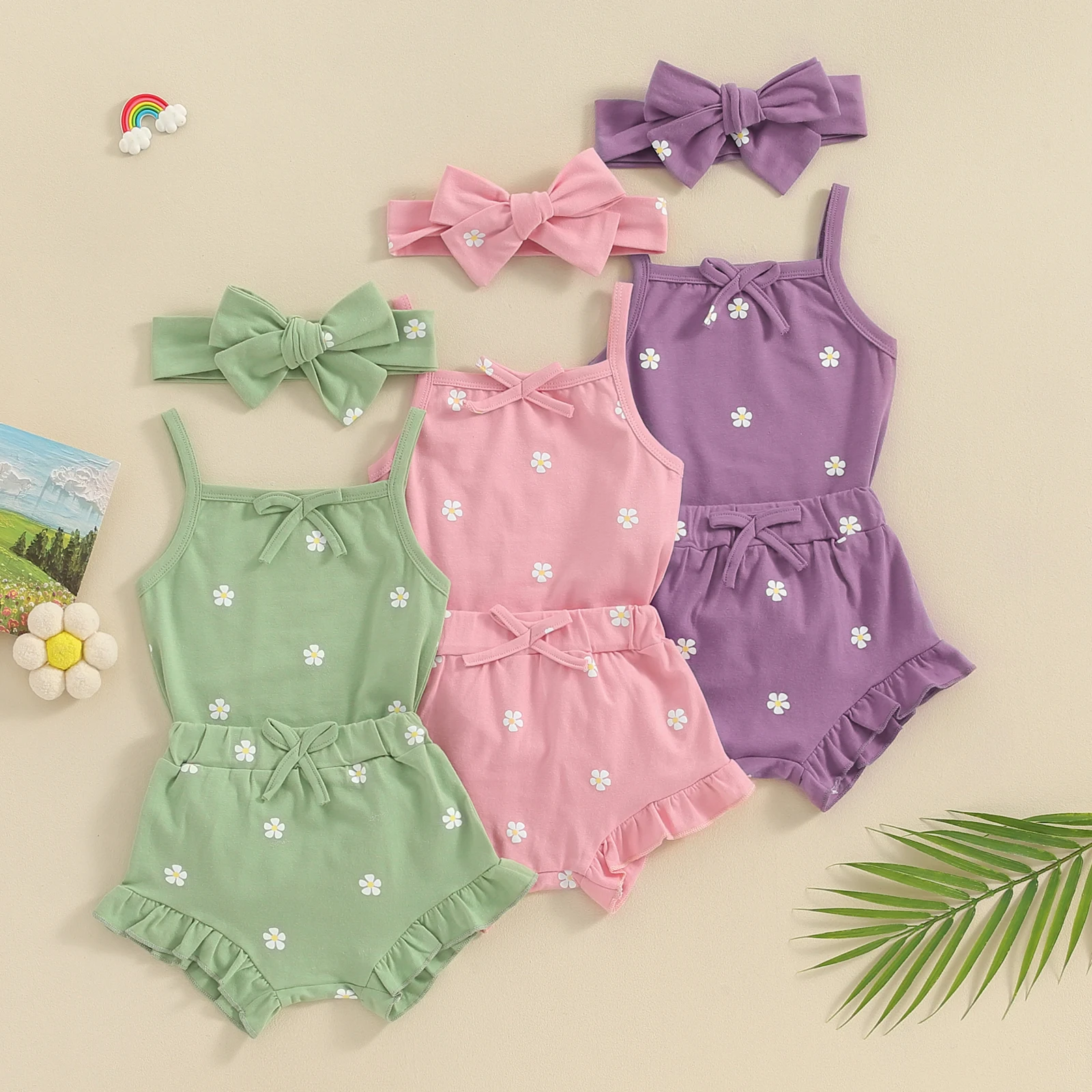 

Infant Baby Girl Daisy Clothes Floral Sleeveless Cami Tank Romper Ruffle Bloomer Shorts Headband 3Pcs Summer Outfit