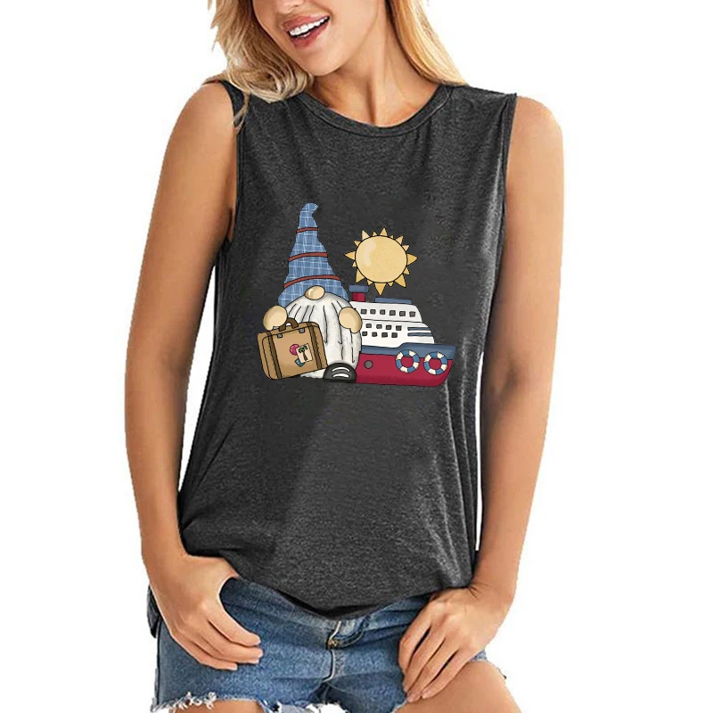 

New Women Fashion Cruise Gnome Print Tank Tops Funny Vest Fitness Sleeveless T Shirts Tops