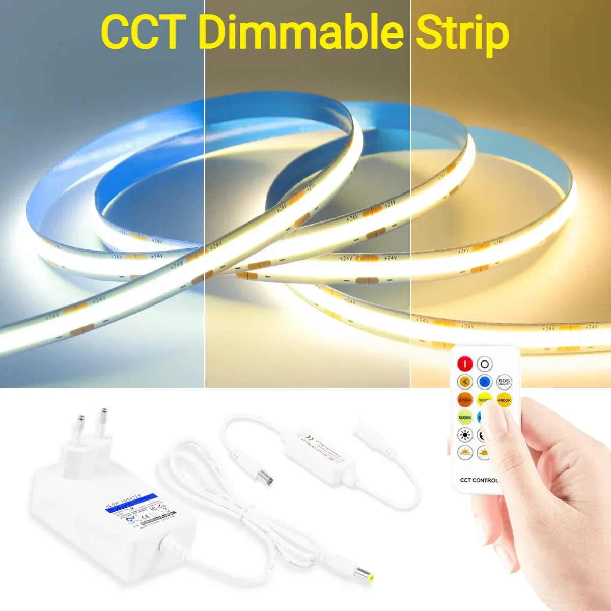 10M 5M CCT 2700K-6500K Dimmable COB LED Strip Light Cold-Natural-Warm White Changeable 576LEDs/M High Bright With Remote Control