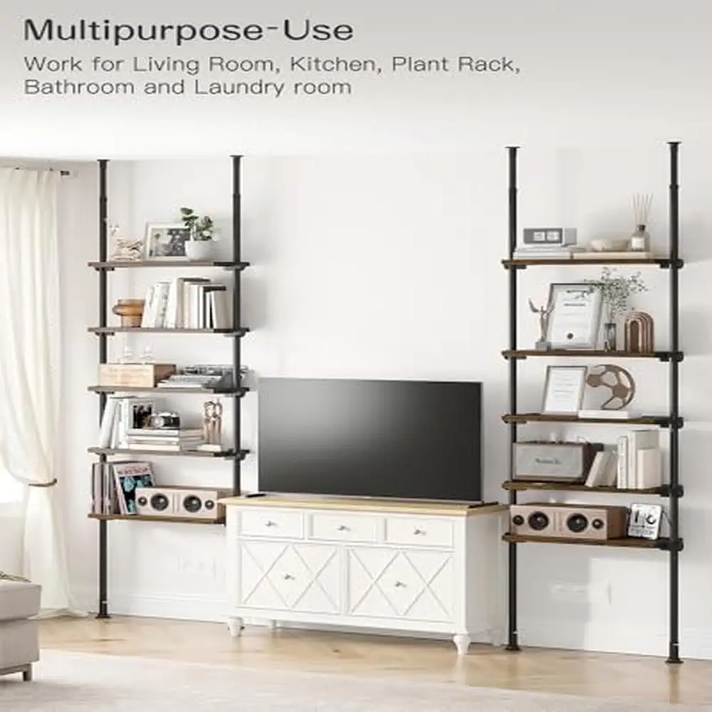 Adjustable Tall 5 Tiers Narrow Ladder Bookshelf with Open Storage Tiered Shelf Metal Frame Wooden Industrial Rectangular Office 6