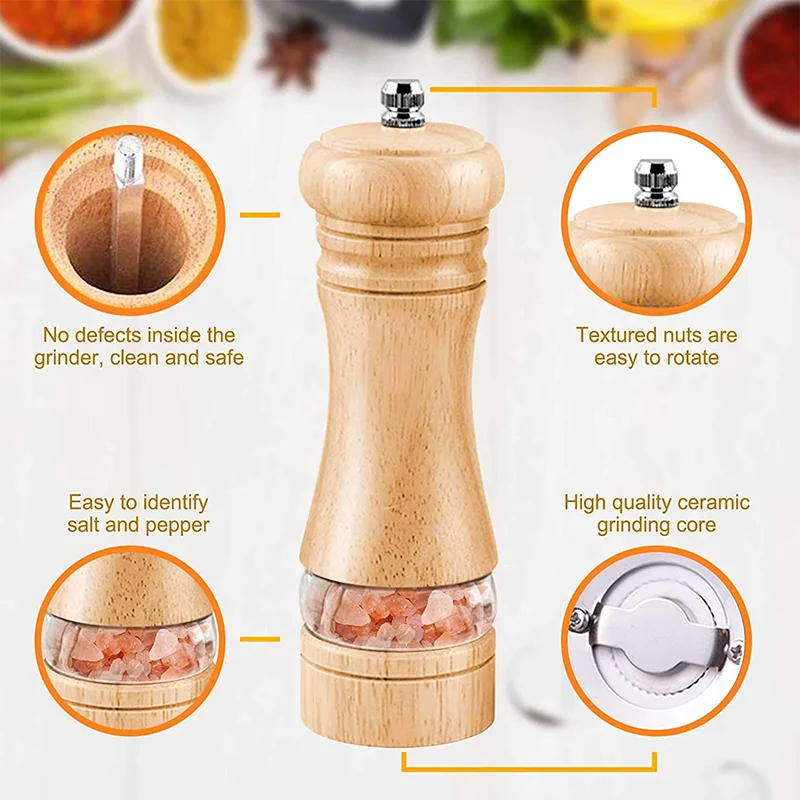 Salt and Pepper Grinder 6 Inches Sets Manual Freshly Ground Seasoning Bottle Ceramic Core Solid Wood