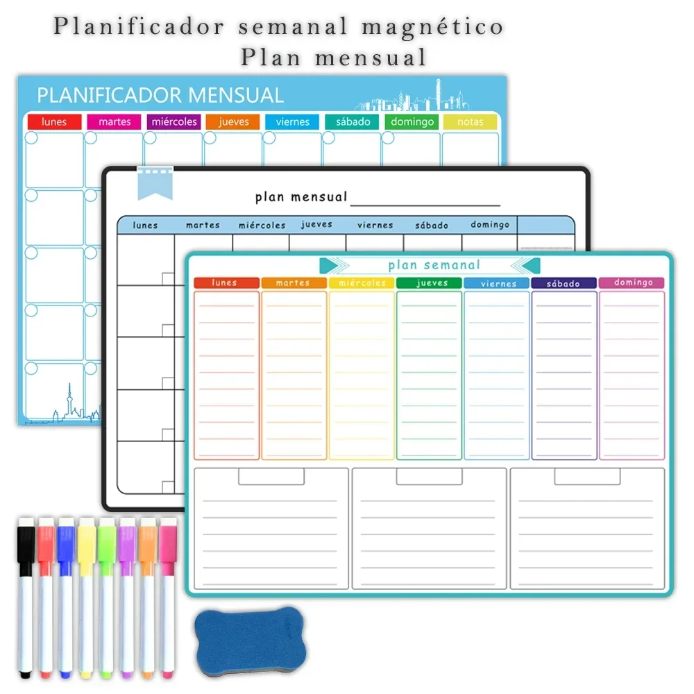 A3 Size Magnetic Weekly Monthly Planner Spanish French English Dry Erase Whiteboard Fridge Sticker Calendar