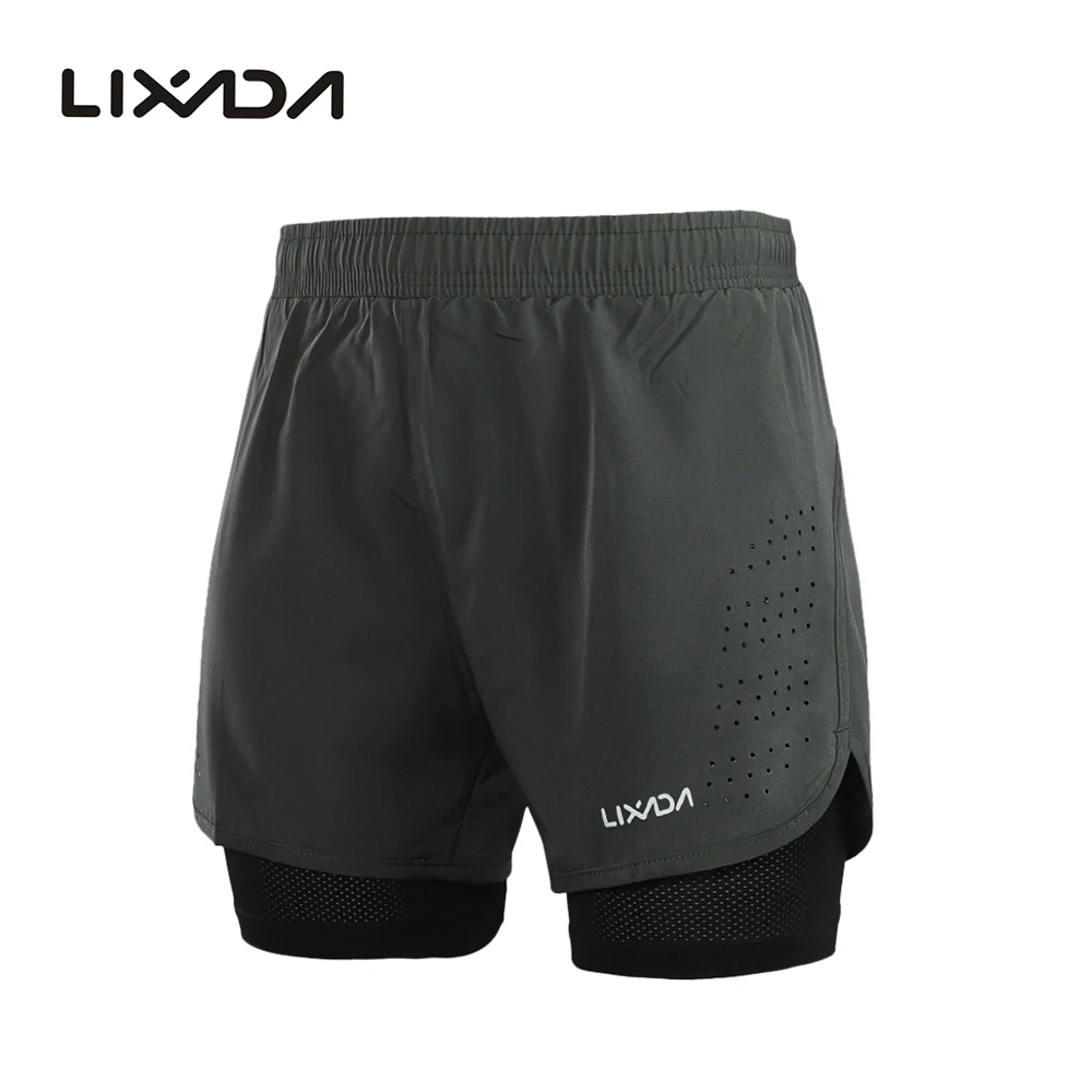 Lixada Men's 2-in-1 Running Shorts Quick Drying Breathable Active Training Exercise Jogging Cycling Shorts with Longer Liner 2