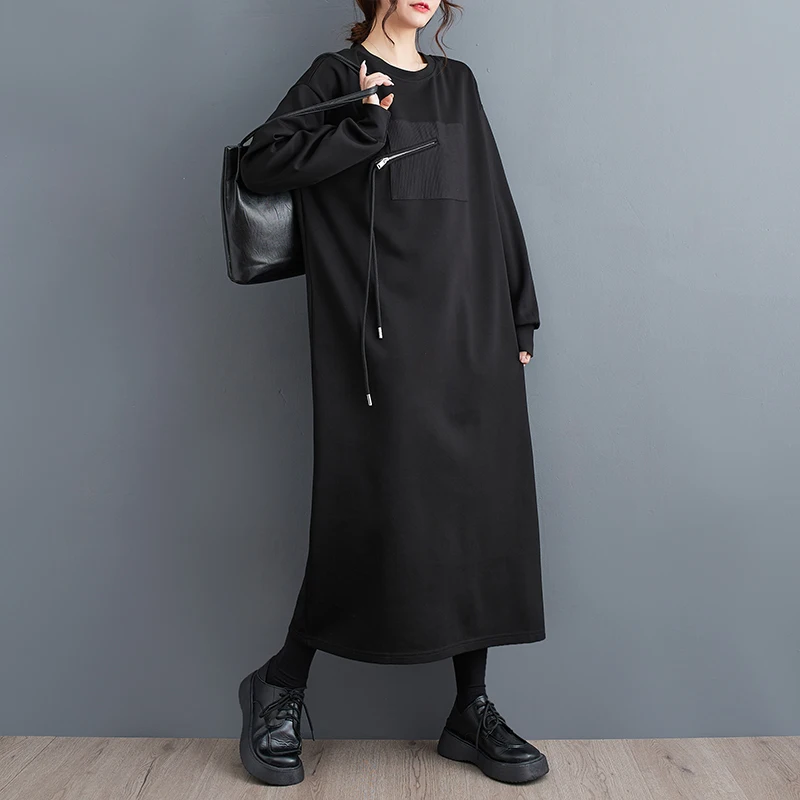 

SuperAen Autumn 2023 New Women's Fashion Dress Korean Design Zipper Casual Style Long Black Dress