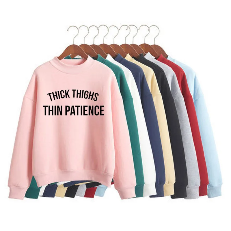 

Thick thighs thin patience Print Women Sweatshirt Korean O-neck Knitted Pullover Thick Autumn Winter Candy Color women Clothes