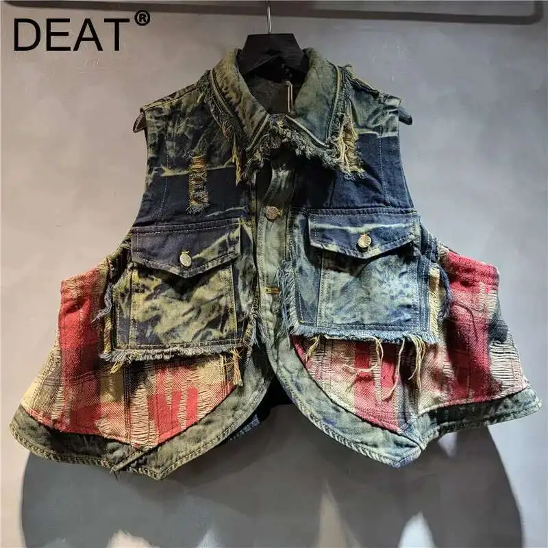 DEAT Fashion Personality Denim Patchwork Contrast Color Vest For Women 2025 Spring New Vintage Loose Sleeveless Jacket 11A02404