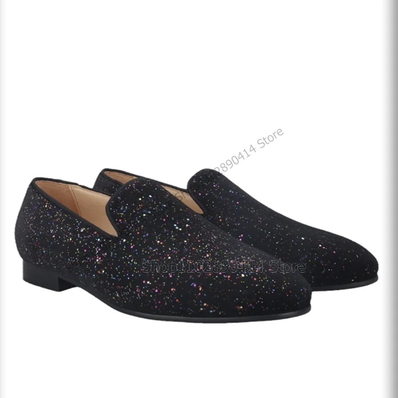 

Sequins Decor Black Velvet Men Loafers Fashion Slip On Men Shoes Novel Handcraft Party Feast Banquet Big Size Men Casual Shoes