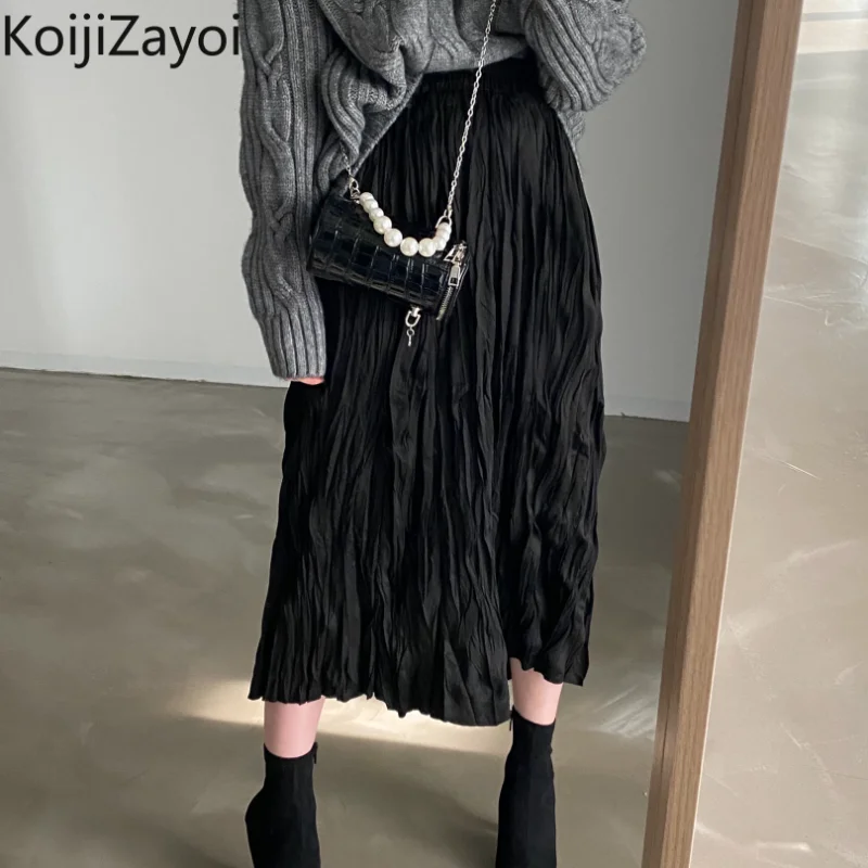 

Koijizayoi Women Fashion Solid Fold Long Skirt Office Lady High Waist Spring Autumn Skirts Chic Korean Maxi Faldas French Bottom