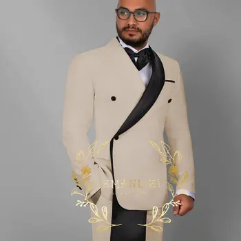 Fashion Business Beige Suits For Men Wedding Suits Ternos Masculinos Slim Fit Groom Tuxedos Costume Homme 2 Pieces (Coat+Pants)