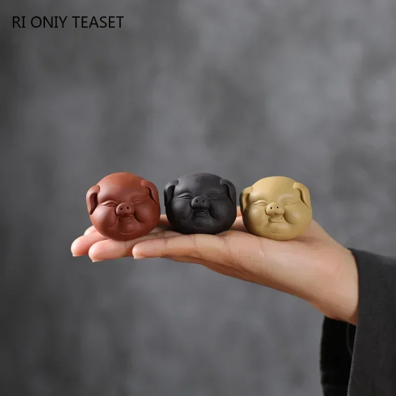Tea Pet Ornaments 1 Pc Chinese Purple Clay Tea Pet Cute Pig Statue Tea Figurine Ornaments Handmade Sculpture Crafts Set Decoration Accessories