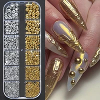 12Grid/box Gold Silver Half Round Caviar Bead Nail Charms 1/2/3/5mm Flatback Round Steel Nail Bead Micro Ball Manicure Bead 1